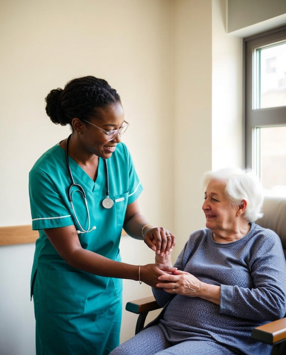 A nurse gently holding the hand of an elderly patient