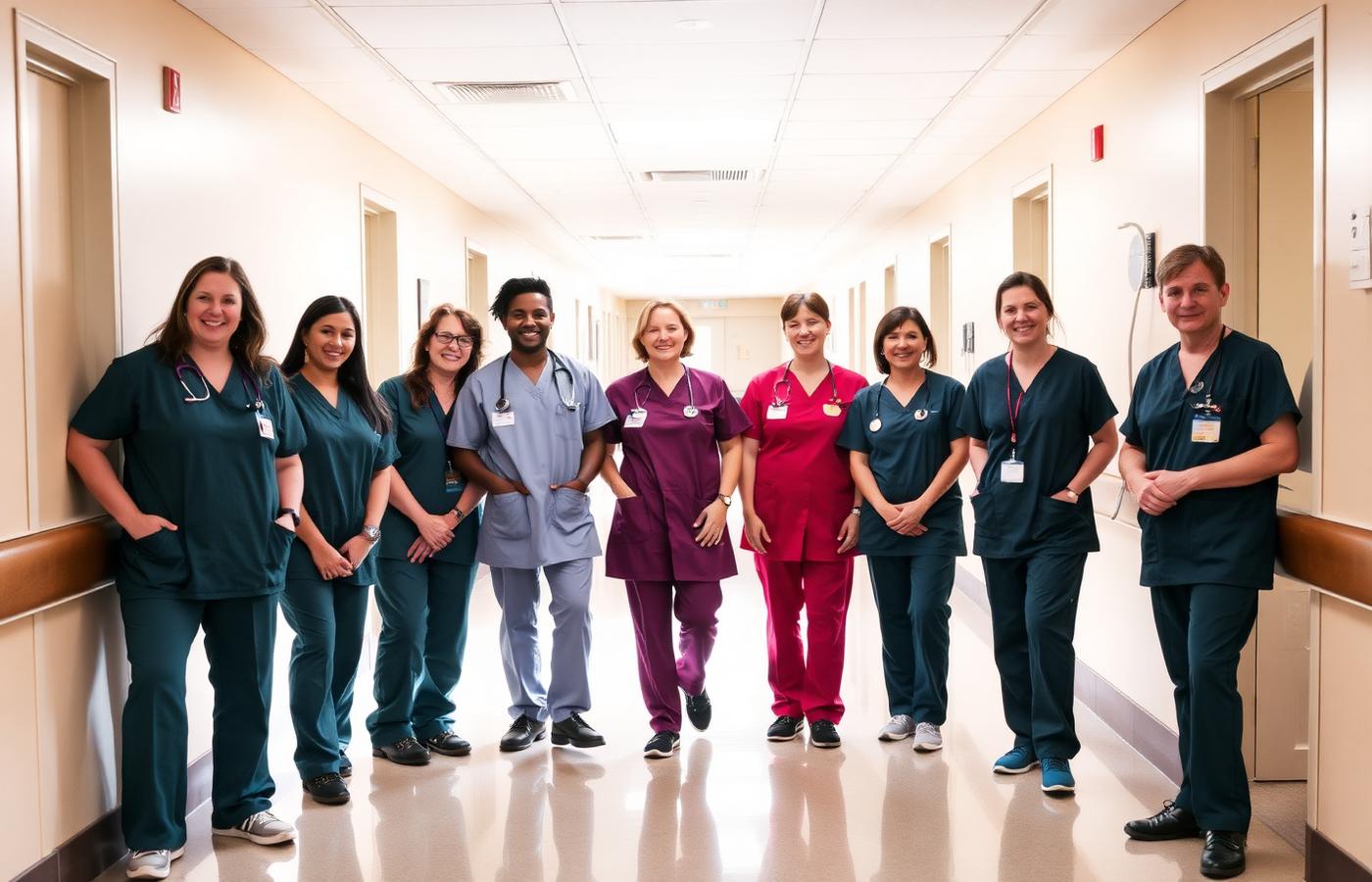 Healthcare professionals in scrubs smiling in a hospital corridor